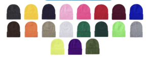 Collection of colorful knit winter beanies.